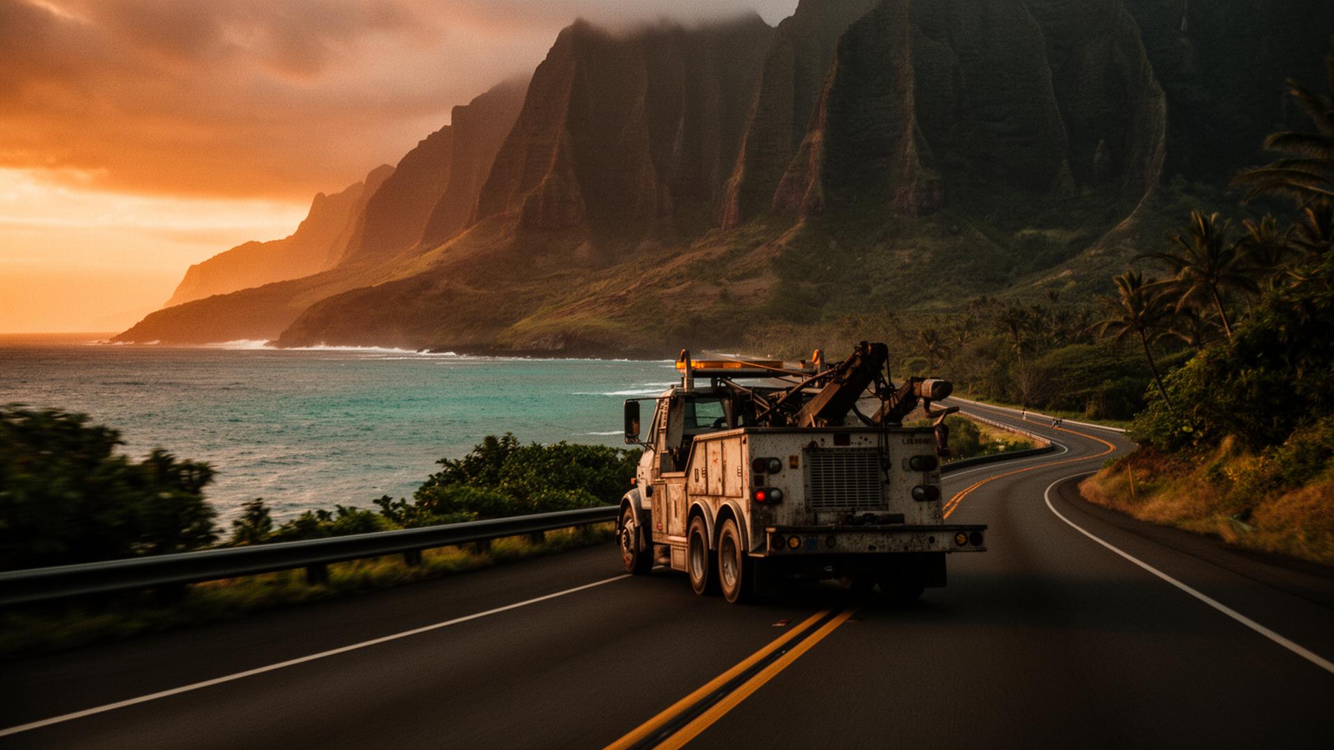 Tow truck on a Kauai coastal highway at sunset